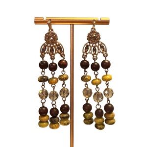 Vintage Banana Republic Gold and Brown Beaded 3” Drop Chandelier Earrings